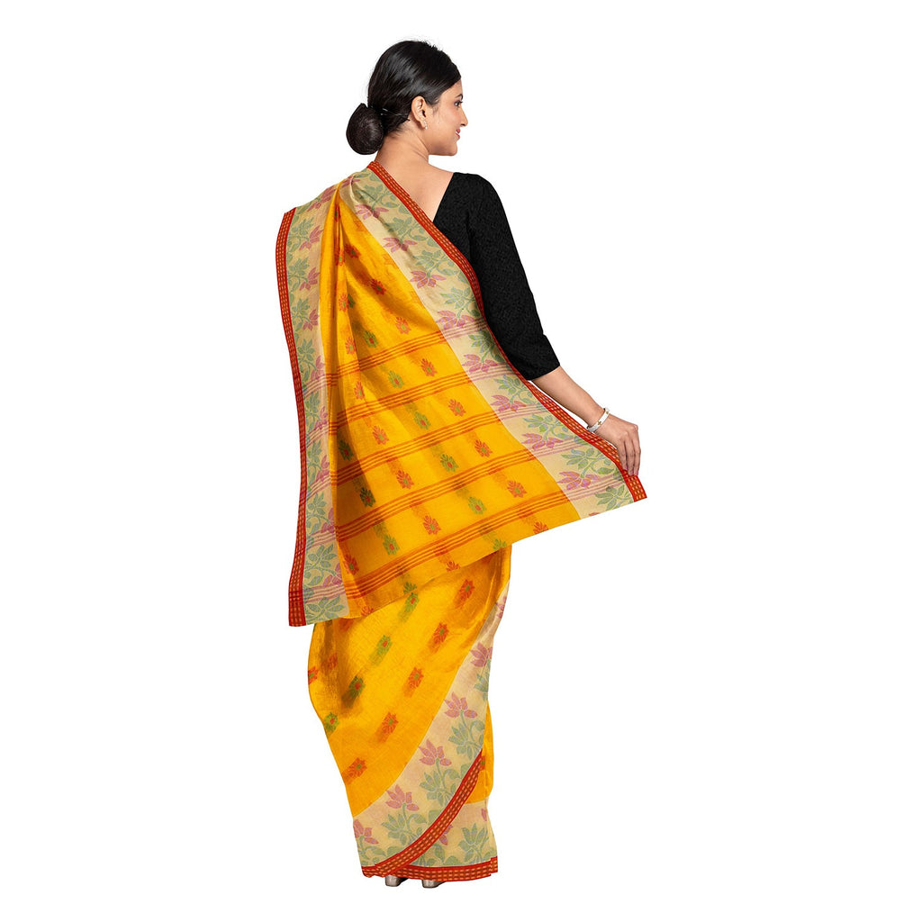 Exclusive Collection 100% Pure Cotton Yellow Tant Saree With Hand Weaving Work | Grocsy