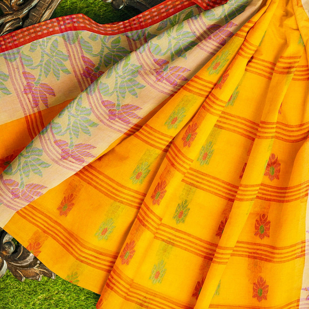 Exclusive Collection 100% Pure Cotton Yellow Tant Saree With Hand Weaving Work | Grocsy