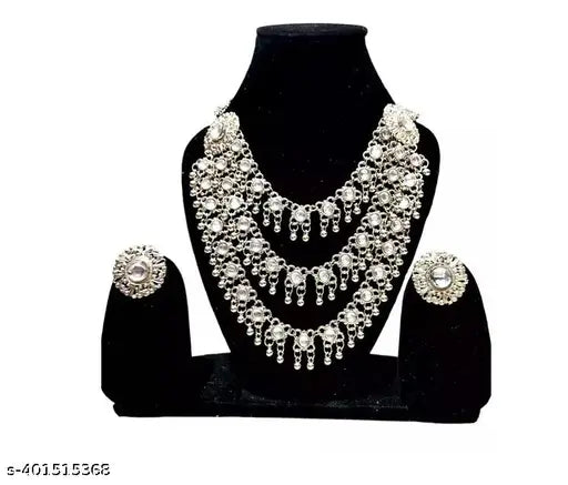 Tehzeeb Creations Women's Silver Colour Oxidised Necklace Set With Mirror Work | Grocsy