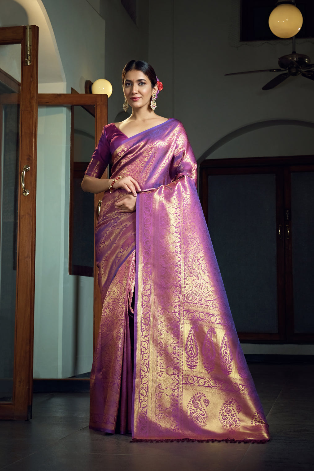 Vardha Electric Purple Zari Work Kanjeevaram Silk Saree | Grocsy