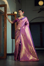 Vardha Electric Purple Zari Work Kanjeevaram Silk Saree | Grocsy
