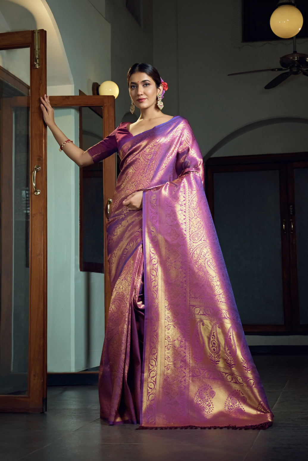 Vardha Electric Purple Zari Work Kanjeevaram Silk Saree | Grocsy