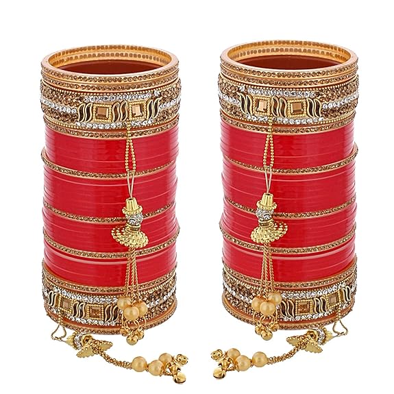 Tehzeeb Creations Bridal Bangle Set Wedding Punjabi chuda Designer chura CZ Stone Red Color choora Set for Women | Grocsy