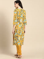 All About You Women Mustard Yellow & White Floral Printed Kurta with Trousers | Grocsy