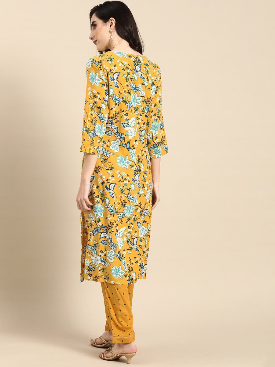 All About You Women Mustard Yellow & White Floral Printed Kurta with Trousers | Grocsy
