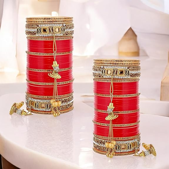 Tehzeeb Creations Bridal Bangle Set Wedding Punjabi chuda Designer chura CZ Stone Red Color choora Set for Women | Grocsy
