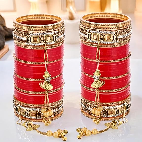 Tehzeeb Creations Bridal Bangle Set Wedding Punjabi chuda Designer chura CZ Stone Red Color choora Set for Women | Grocsy