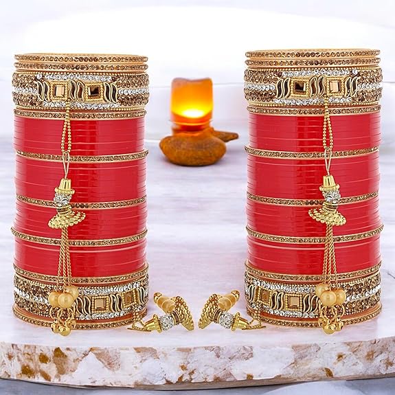 Tehzeeb Creations Bridal Bangle Set Wedding Punjabi chuda Designer chura CZ Stone Red Color choora Set for Women | Grocsy