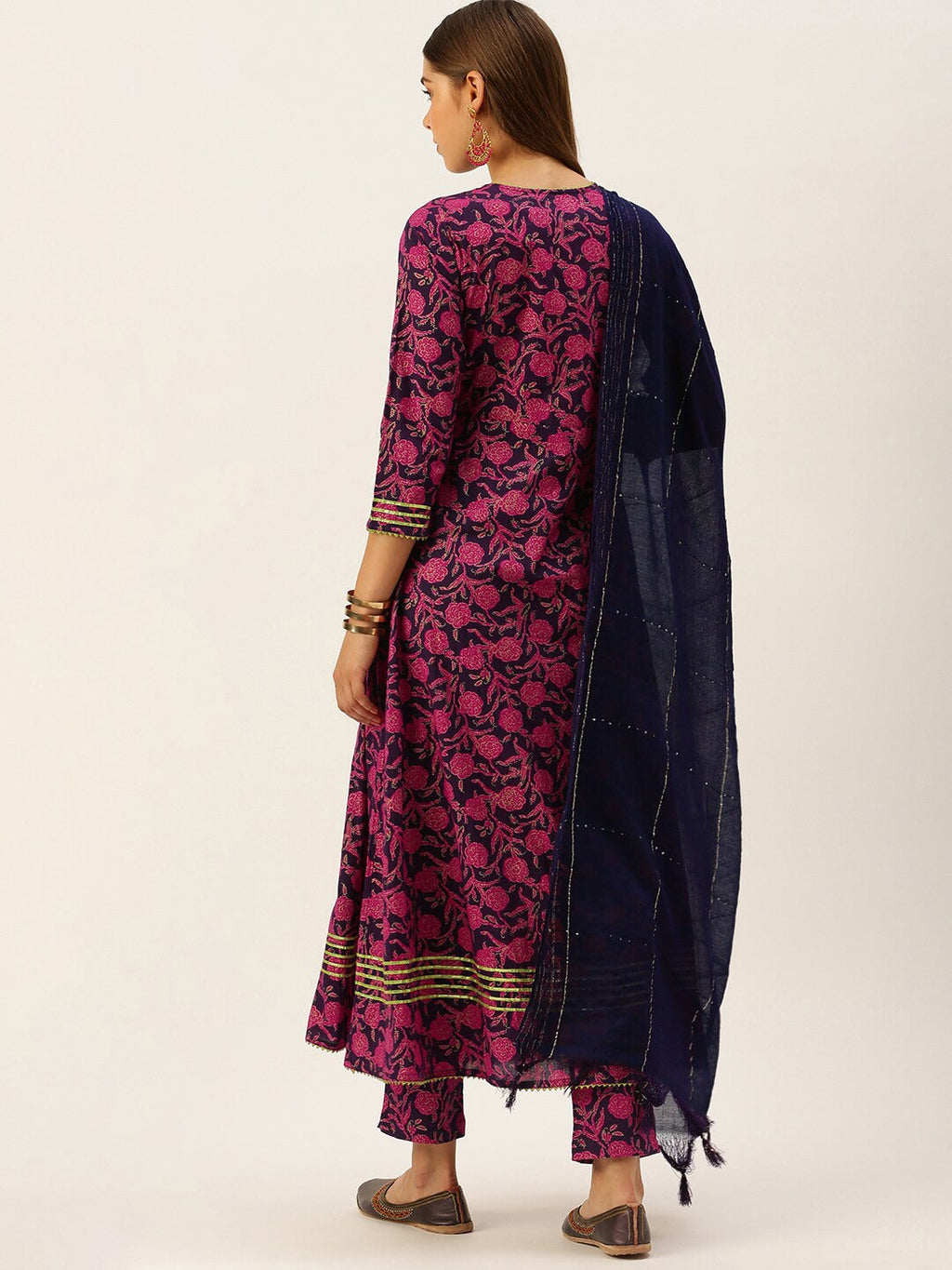 HERE&NOW Women Pink & Navy Blue Printed Pure Cotton Kurta with Trousers & With Dupatta | Grocsy