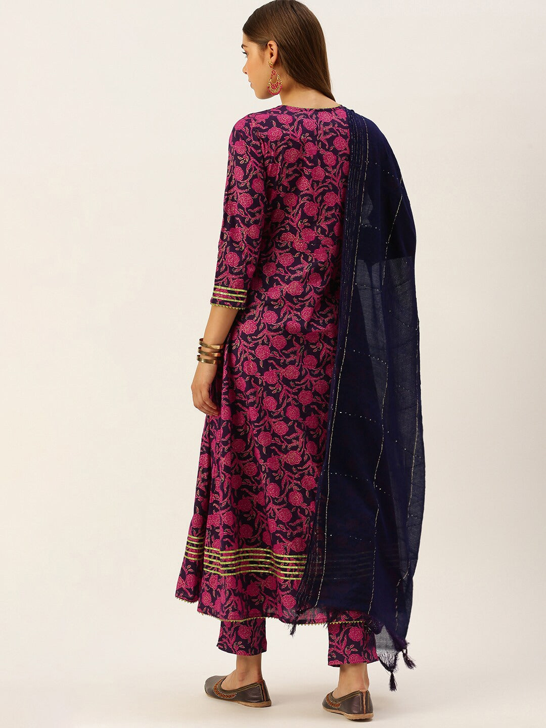 HERE&NOW Women Pink & Navy Blue Printed Pure Cotton Kurta with Trousers & With Dupatta | Grocsy