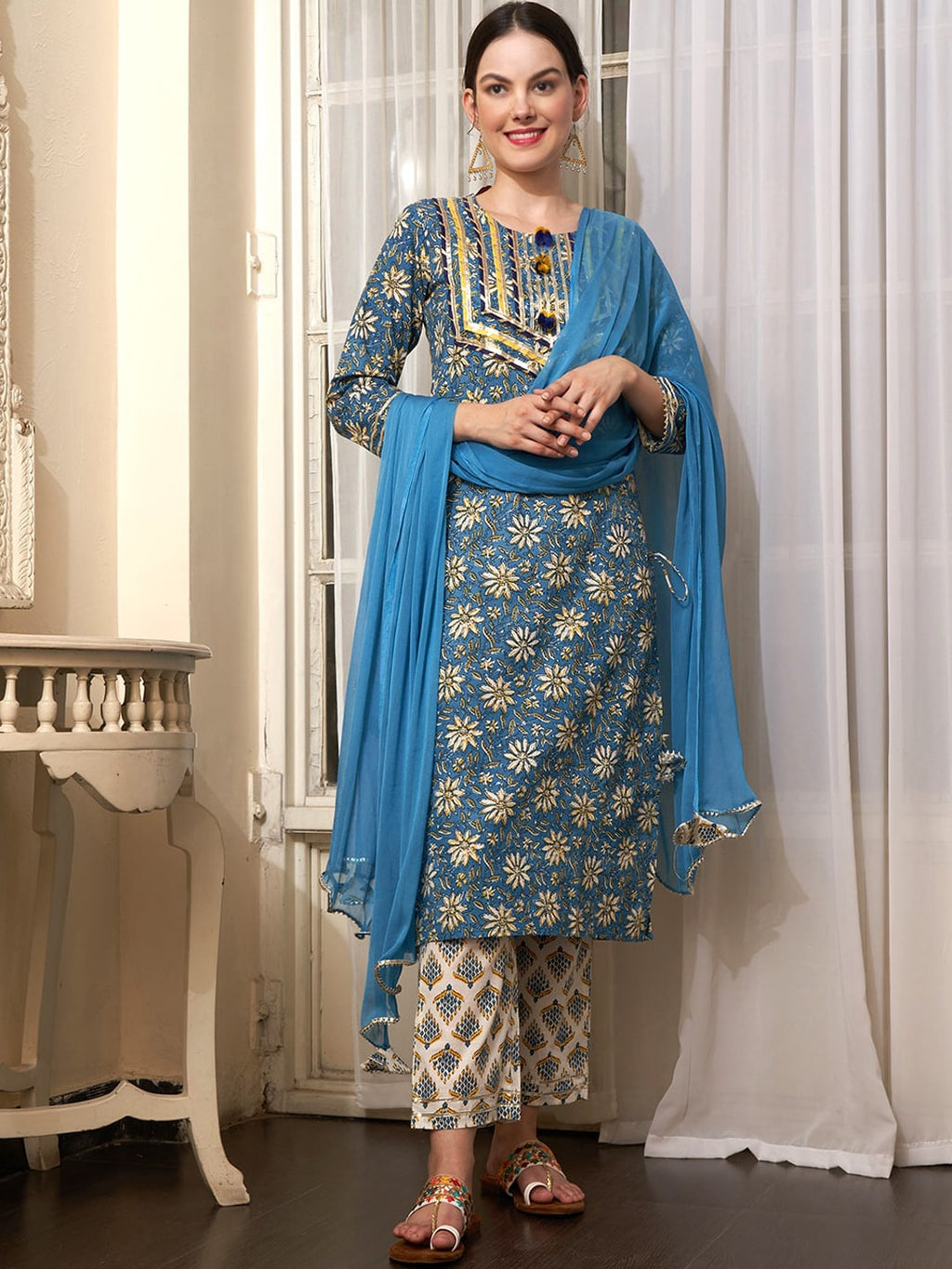 Sangria Blue Ethnic Motifs Printed Cotton Kurta with Trousers & Dupatta | Grocsy