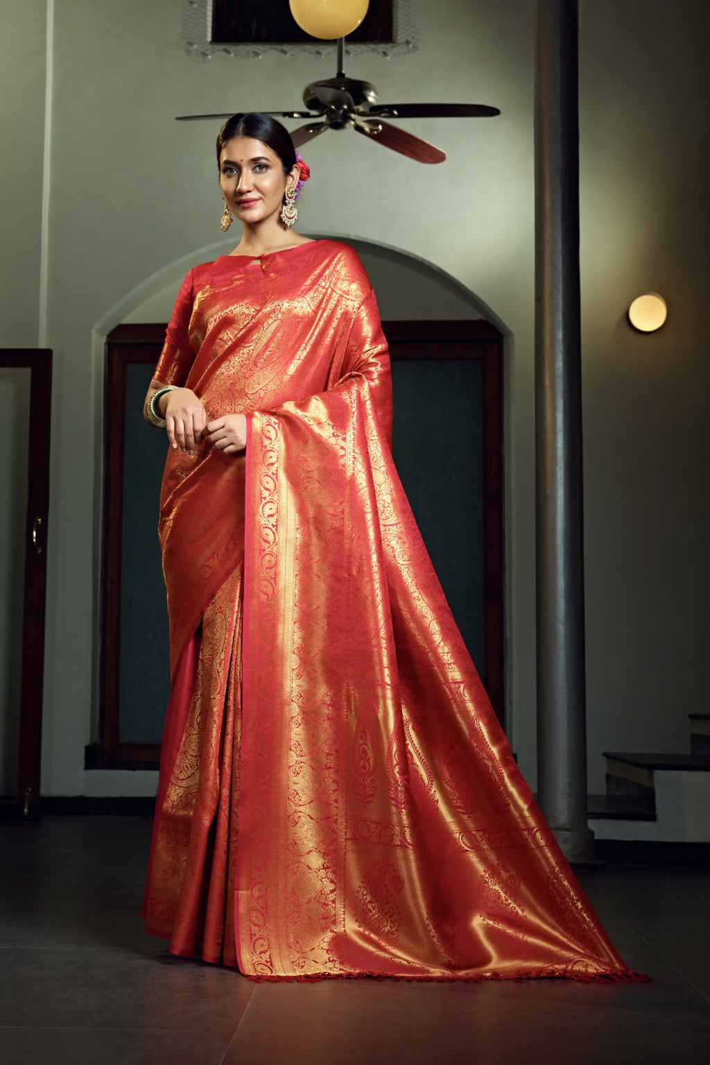 Vardha Scarlet Red Zari Work Kanjeevaram Silk Saree | Grocsy