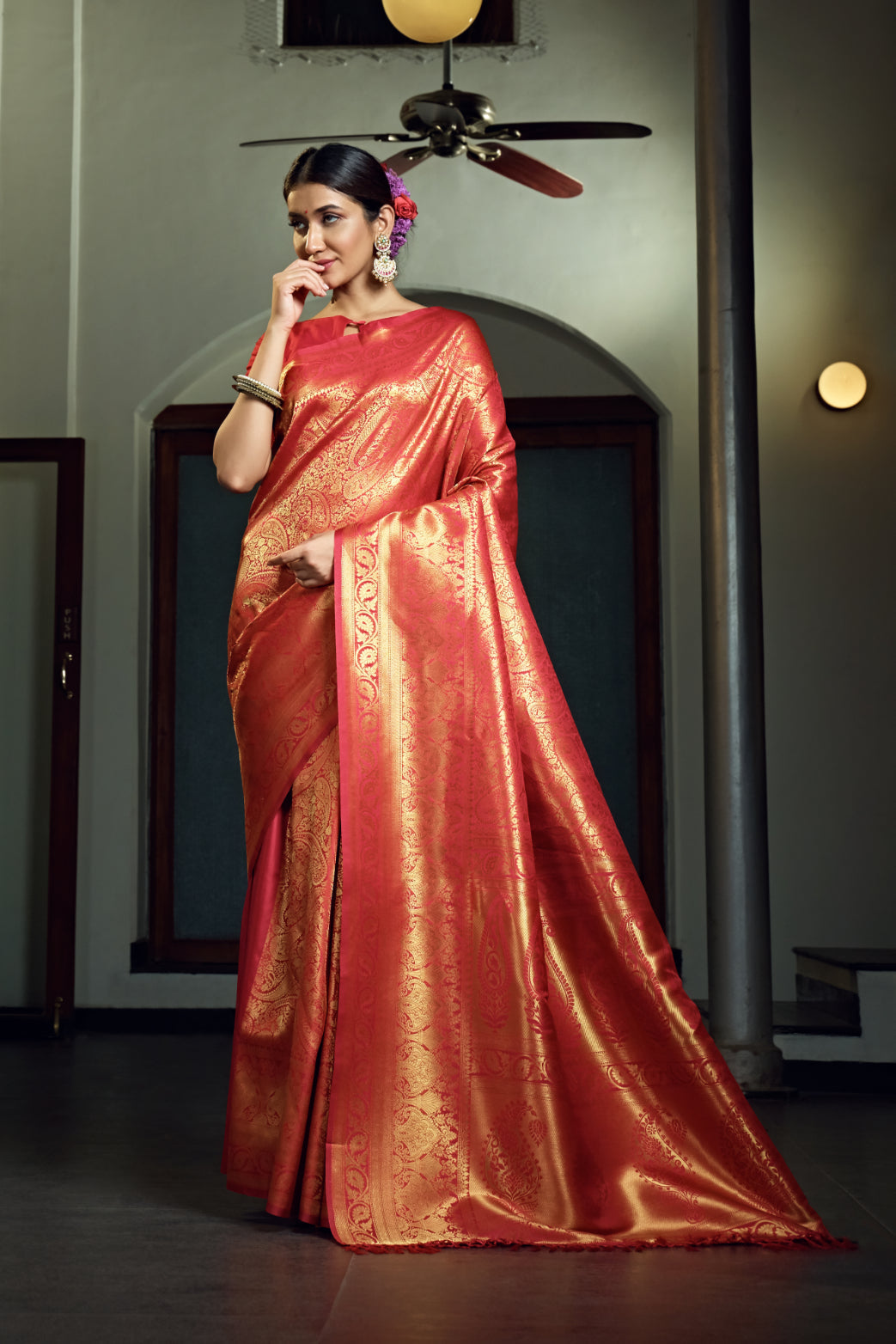 Vardha Scarlet Red Zari Work Kanjeevaram Silk Saree | Grocsy