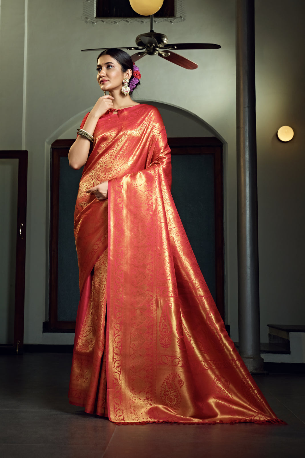 Vardha Scarlet Red Zari Work Kanjeevaram Silk Saree | Grocsy