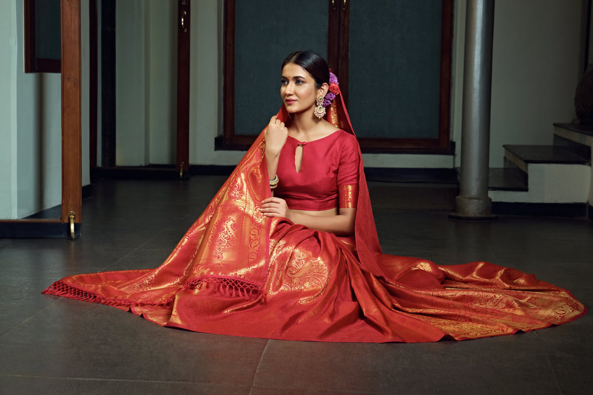Vardha Scarlet Red Zari Work Kanjeevaram Silk Saree | Grocsy