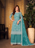 Monjolika Fashion Sky Blue Color Net Embroidered Salwar Kameez | Grocsy