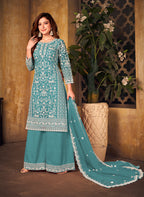 Monjolika Fashion Sky Blue Color Net Embroidered Salwar Kameez | Grocsy