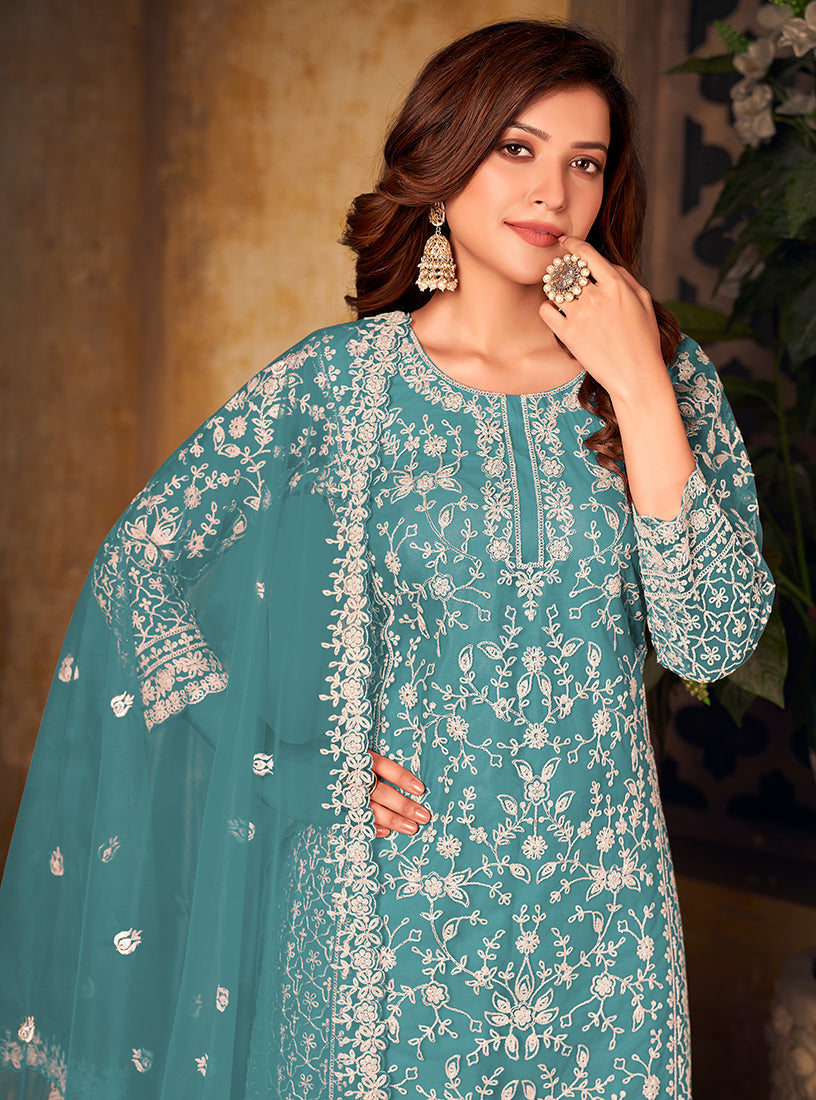 Monjolika Fashion Sky Blue Color Net Embroidered Salwar Kameez | Grocsy