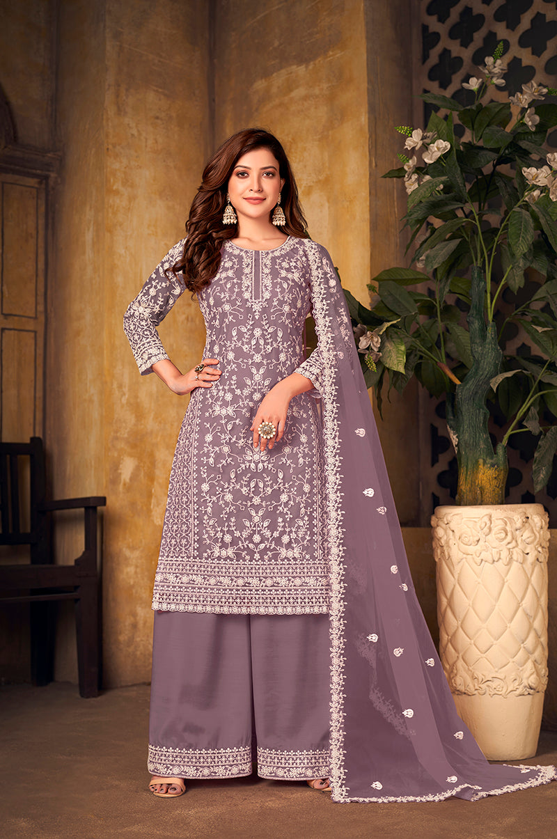 Monjolika Fashion Lavender Color Net Embroidered Salwar Kameez | Grocsy