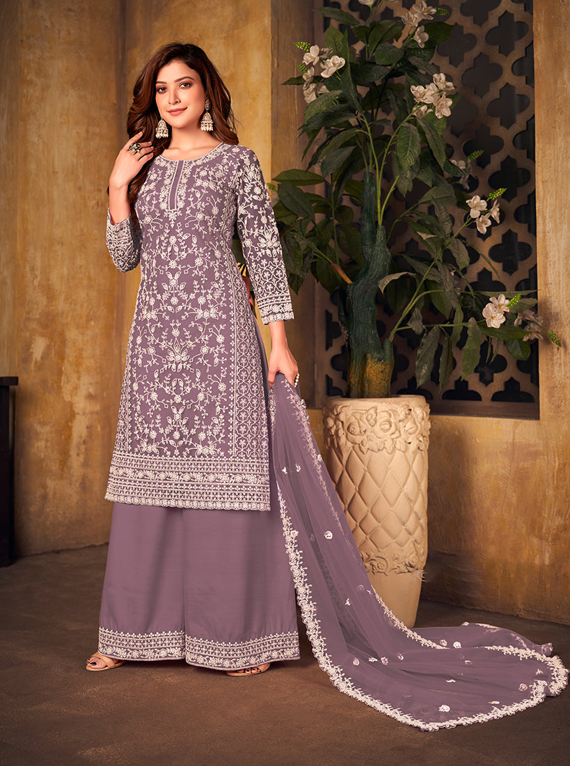 Monjolika Fashion Lavender Color Net Embroidered Salwar Kameez | Grocsy