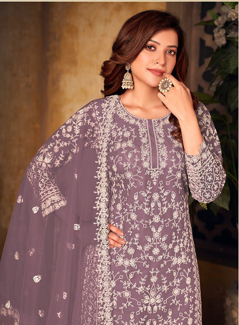 Monjolika Fashion Lavender Color Net Embroidered Salwar Kameez | Grocsy