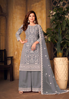 Monjolika Fashion Grey Color Net Embroidered Salwar Kameez | Grocsy
