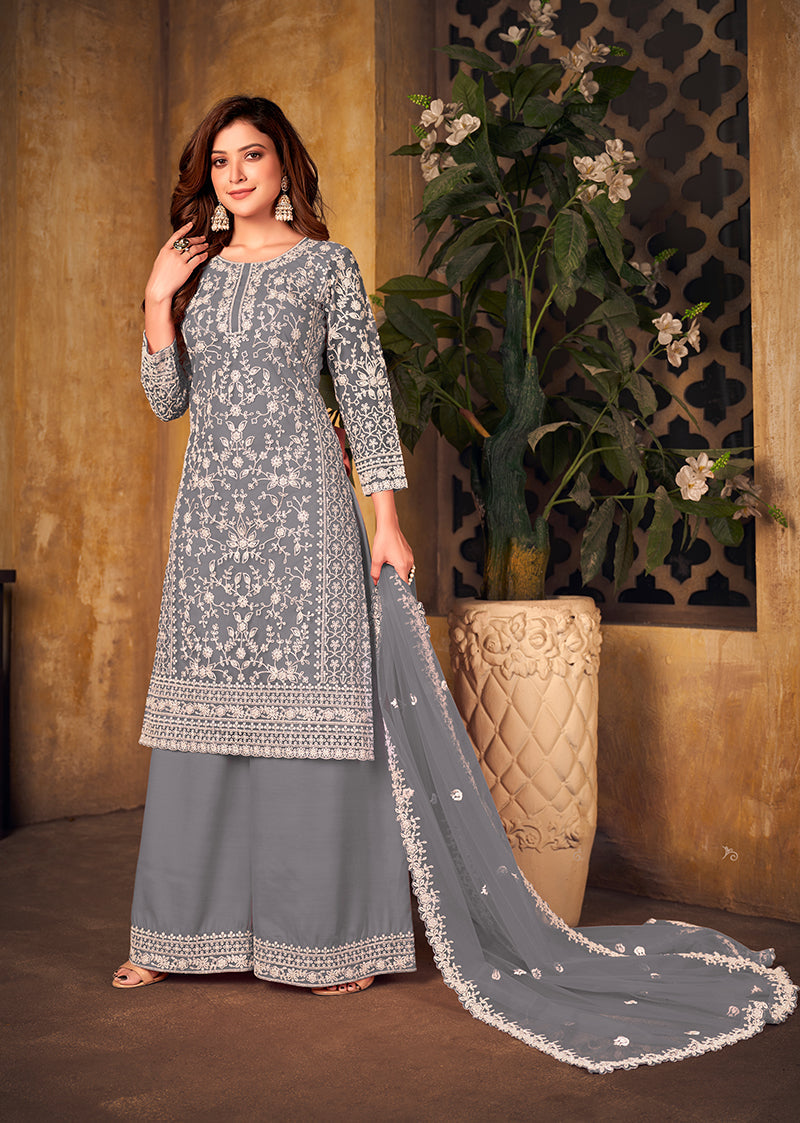 Monjolika Fashion Grey Color Net Embroidered Salwar Kameez | Grocsy
