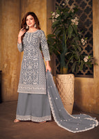 Monjolika Fashion Grey Color Net Embroidered Salwar Kameez | Grocsy