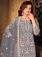 Monjolika Fashion Grey Color Net Embroidered Salwar Kameez | Grocsy