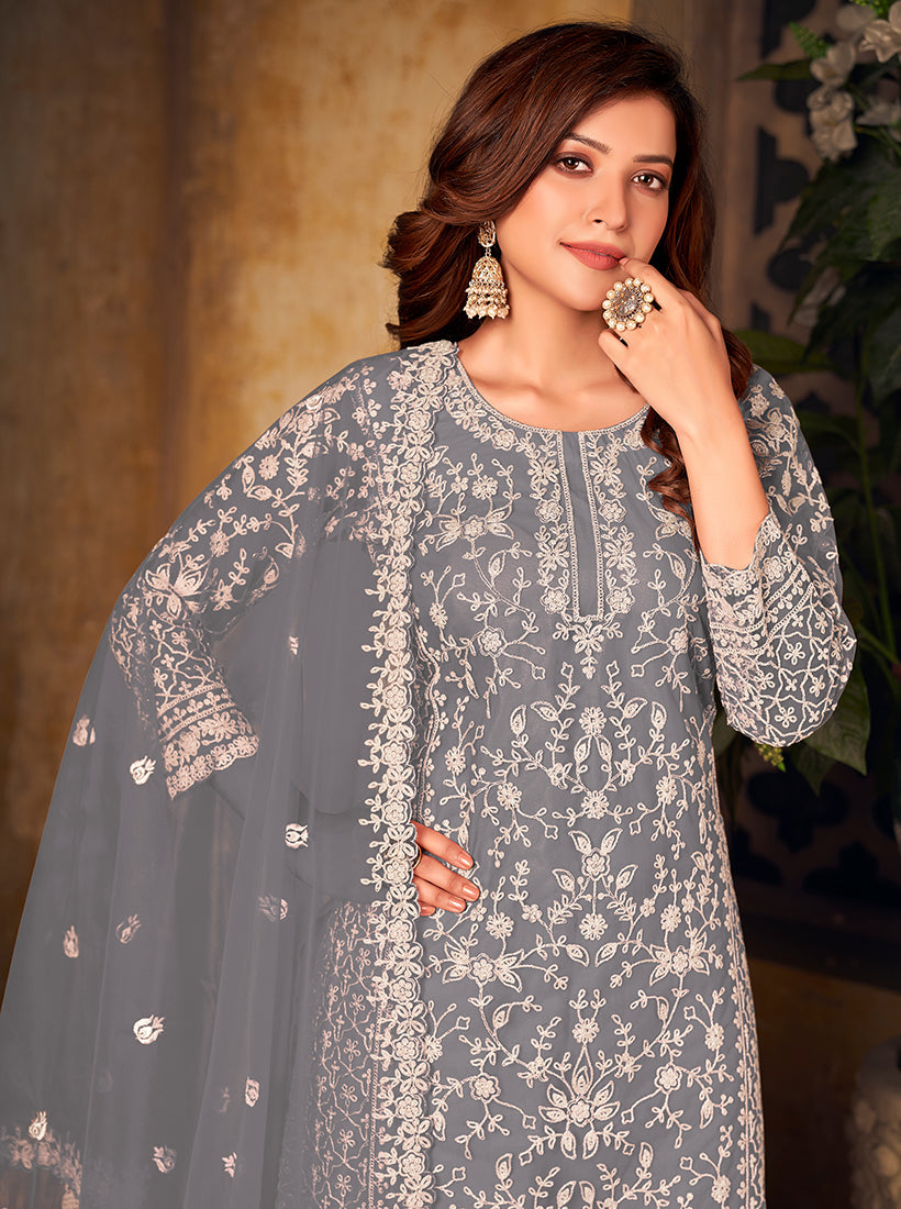 Monjolika Fashion Grey Color Net Embroidered Salwar Kameez | Grocsy