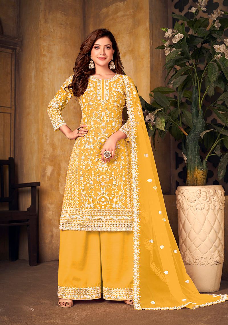 Monjolika Fashion Yellow Color Net Embroidered Salwar Kameez | Grocsy