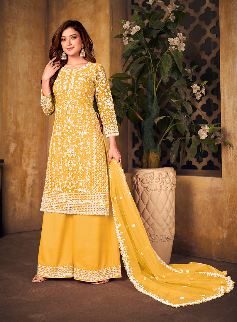 Monjolika Fashion Yellow Color Net Embroidered Salwar Kameez | Grocsy
