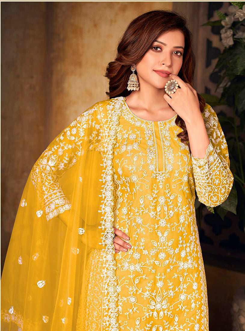 Monjolika Fashion Yellow Color Net Embroidered Salwar Kameez | Grocsy