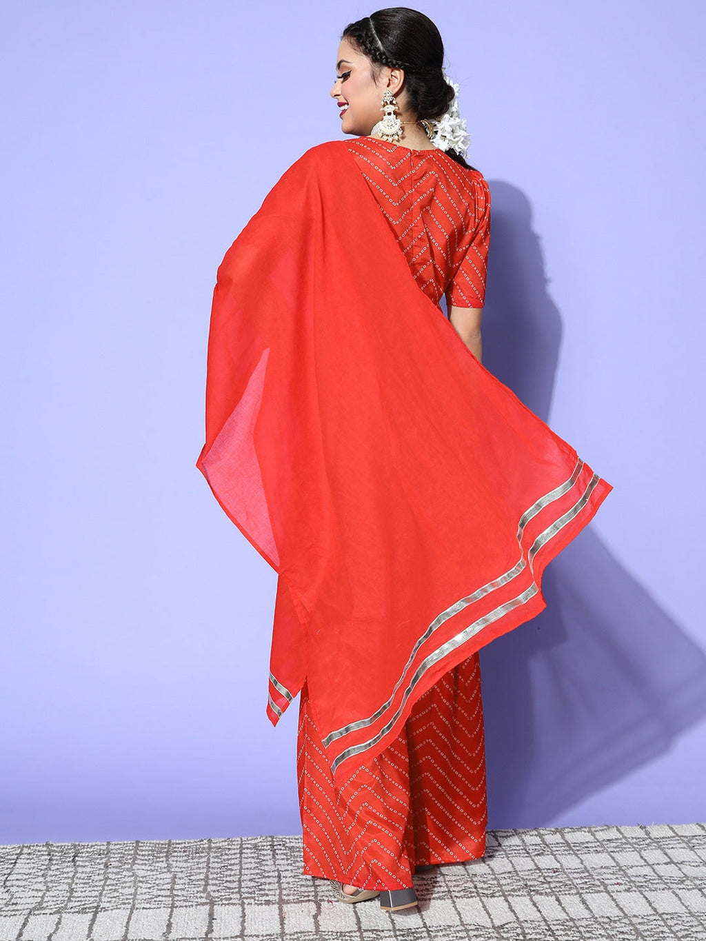 HERE&NOW Women Bandhani Polyester Fusion Bottom Kurta Set | Grocsy