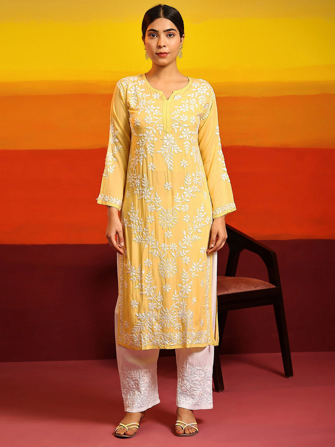 HOUSE OF KARI Ethnic Motifs Embroidered Chikankari Straight Kurta | Grocsy