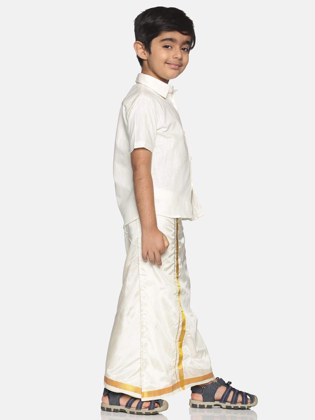 Sethukrishna Boys Cream-Coloured Solid Shirt with Veshti Set | Grocsy