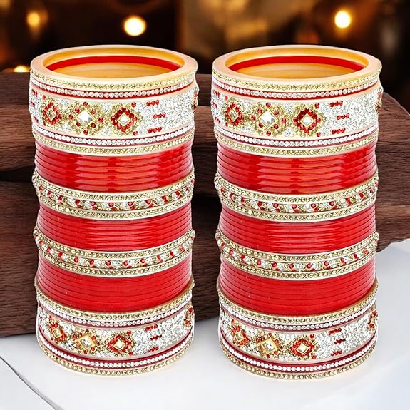 Tehzeeb Creations Bridal Bangle Set Designer Red Color Chuda Dulhan Punjabi Choora Fashion Wedding Chura for Women | Grocsy