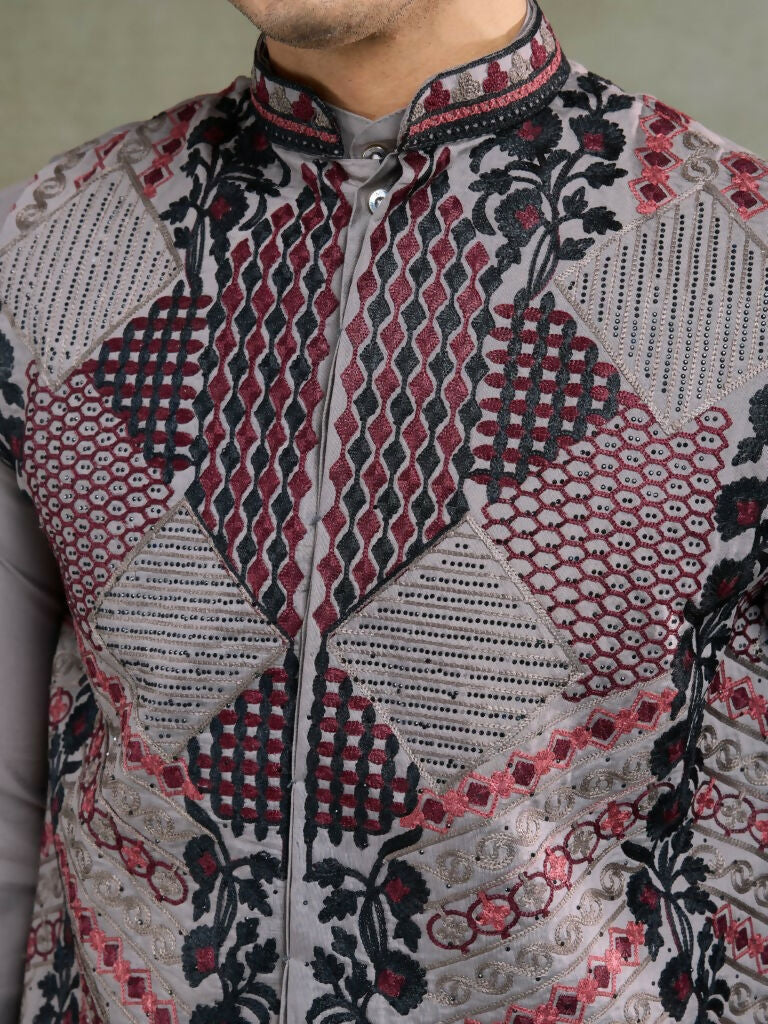 Vastranavya Grey Exclusive Festival Viscose Silk Thread & Swarovski Embroidered Work Mens Wear Kurta & Koti | Grocsy