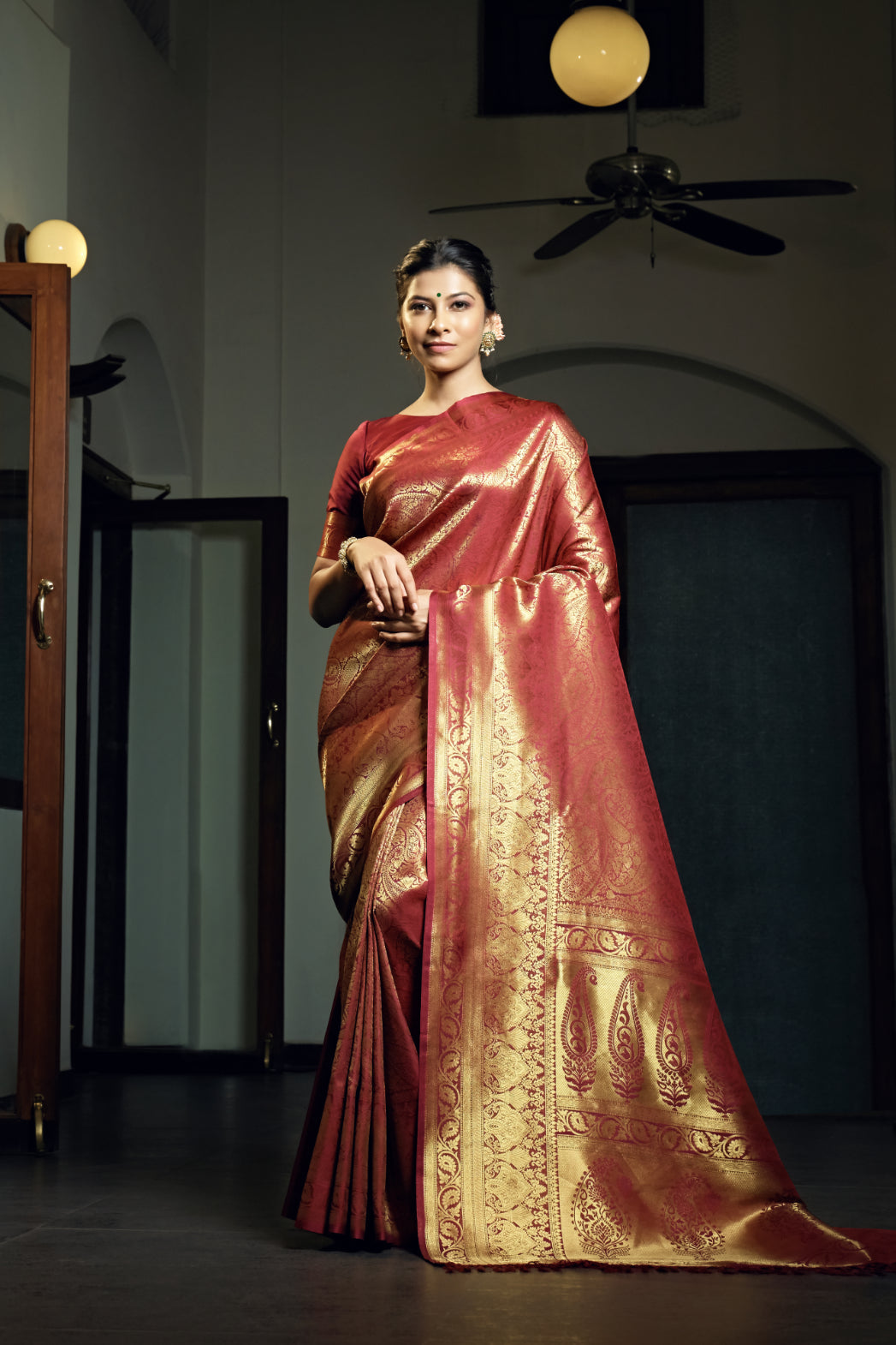 Vardha Burgundy Maroon Zari Work Kanjeevaram Silk Saree | Grocsy