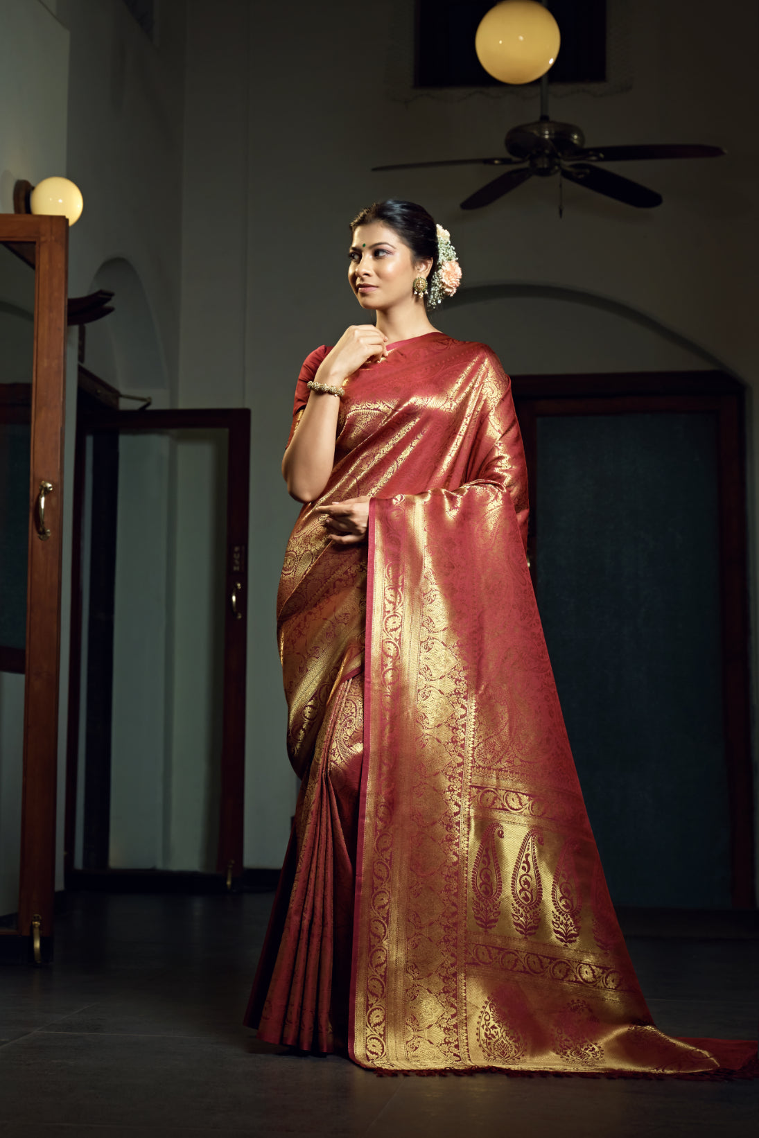 Vardha Burgundy Maroon Zari Work Kanjeevaram Silk Saree | Grocsy