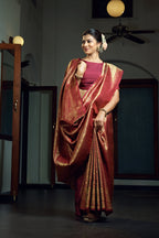 Vardha Burgundy Maroon Zari Work Kanjeevaram Silk Saree | Grocsy