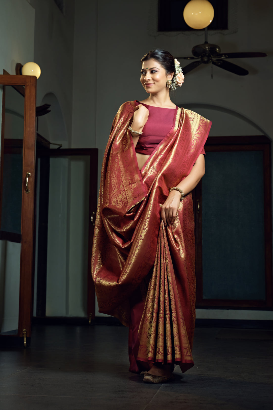 Vardha Burgundy Maroon Zari Work Kanjeevaram Silk Saree | Grocsy