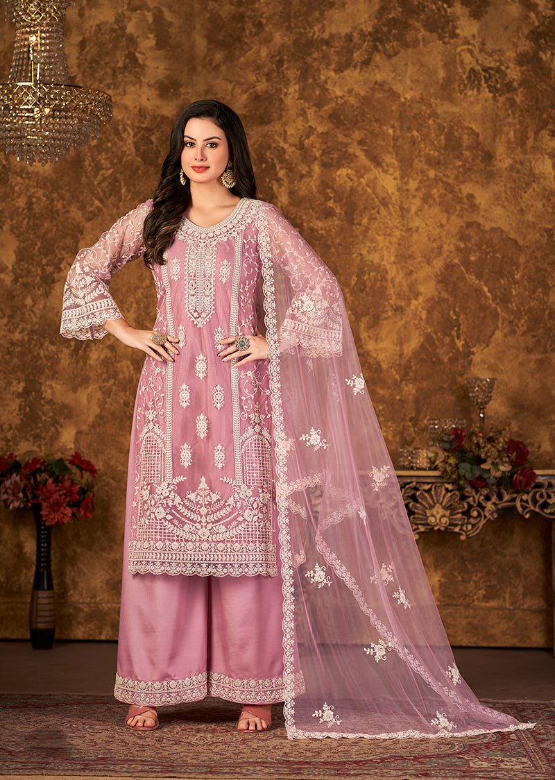 Monjolika Fashion Light Pink Color Net Embroidered Palazzo Suit | Grocsy
