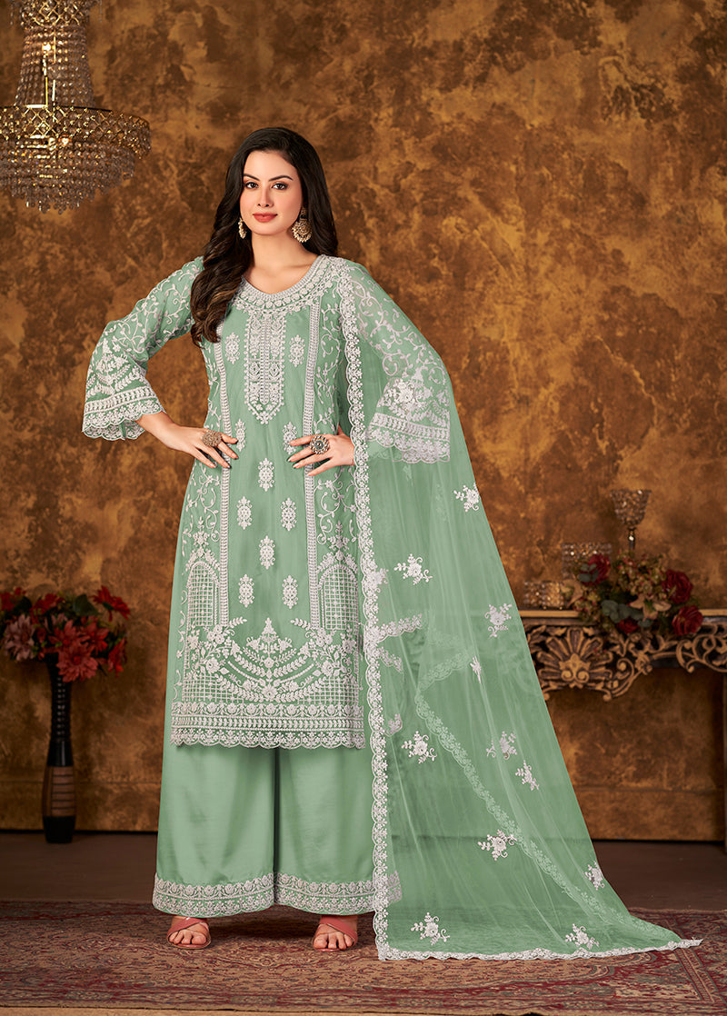 Monjolika Fashion Sea Green Color Net Embroidered Palazzo Suit | Grocsy