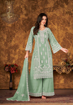 Monjolika Fashion Sea Green Color Net Embroidered Palazzo Suit | Grocsy