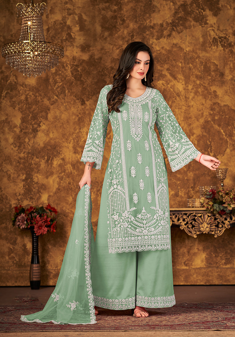 Monjolika Fashion Sea Green Color Net Embroidered Palazzo Suit | Grocsy