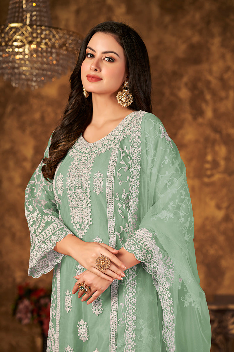 Monjolika Fashion Sea Green Color Net Embroidered Palazzo Suit | Grocsy