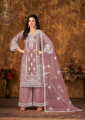 Monjolika Fashion Mauve Color Net Embroidered Palazzo Suit | Grocsy