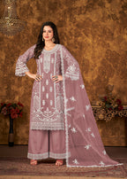 Monjolika Fashion Mauve Color Net Embroidered Palazzo Suit | Grocsy