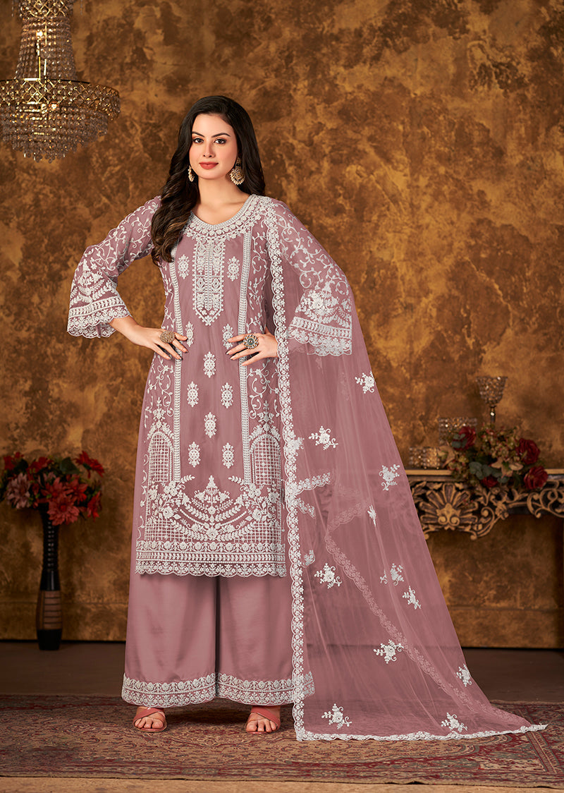 Monjolika Fashion Mauve Color Net Embroidered Palazzo Suit | Grocsy